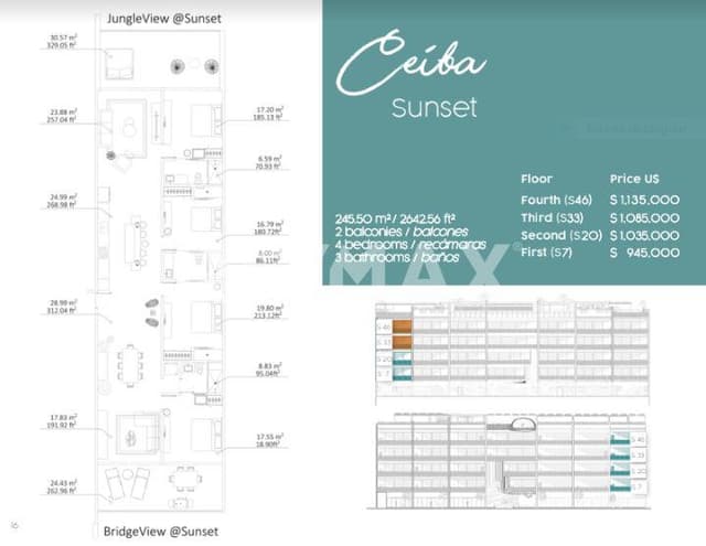 CEIBA SUNSET 4Br 3bth + 2 balcony
