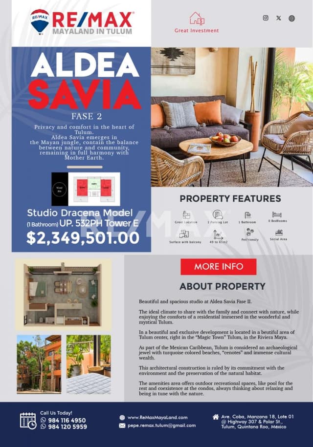 EN VENTA BONITO ESTUDIO | DRACENA MODEL EN ALDEA SAVIA, TULUM.