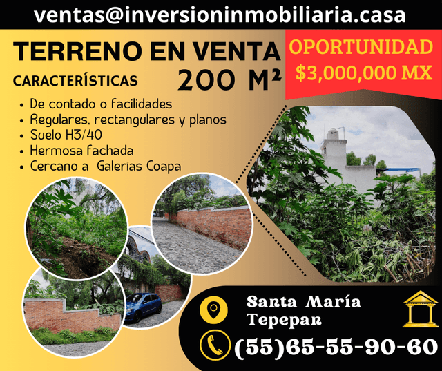 Venta de terreno en Santa María Tepepan