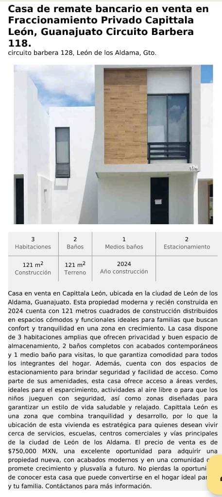 Excelente Oportunidad. Casa de Remate Bancario en Fraccionamiento Capittala