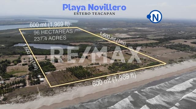 Predio 96 HA (237 ACRES) en Playa Novillero, Nayarit (600 mt. X 1,600 mt.)