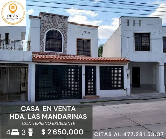 CASA EN VENTA 4 REC, 3 BAÑOS, JARDIN, TERRENO EXCEDENTE